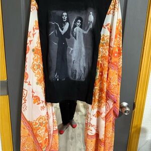 Black Graphic Tee with Orange and White Patterned Kimono